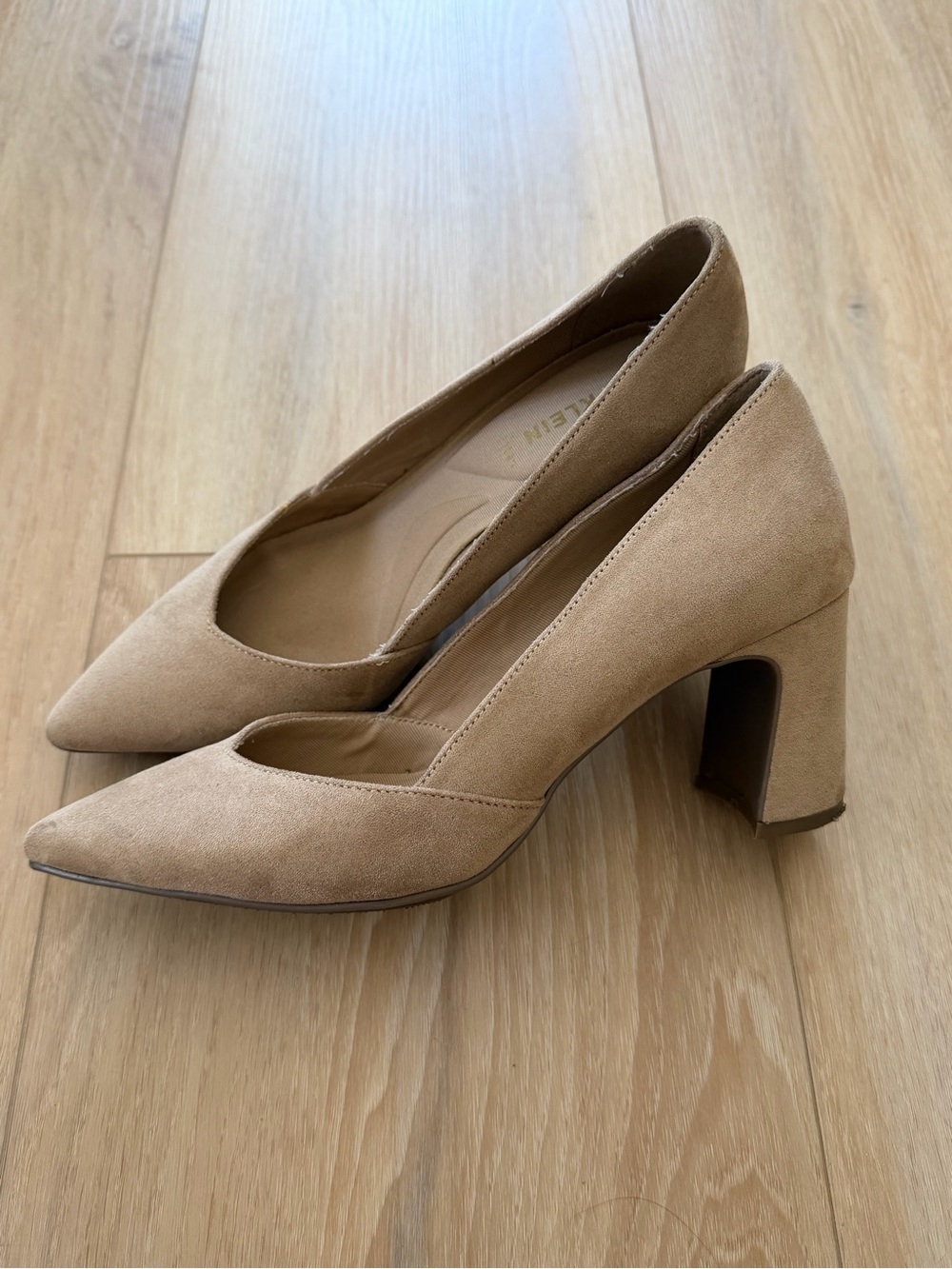Classic Pointed-Toe Block Heel Pumps in Beige